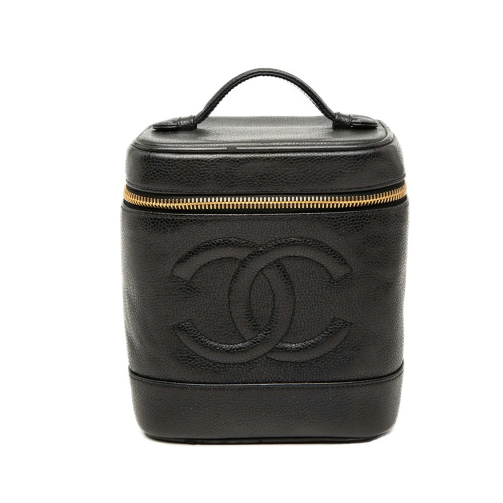 CHANEL Black Caviar Leather Logo Vanity Bag